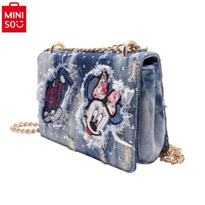 MINISO Disney Vintage Denim Trendy Chain Crossbody Bag Women\'s High Quality Mickey Minnie Printed Sweet Storage Small Square Bag