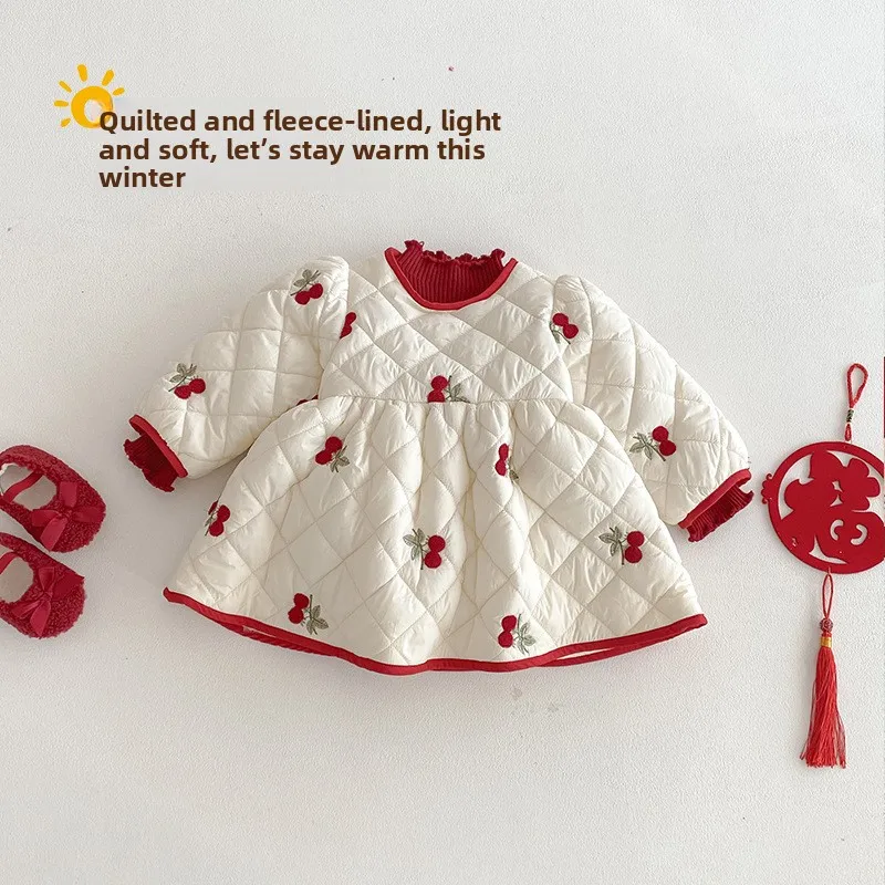 

Платье вишневого цвета для девочек, новинка 2025 года, зимняя детская хлопковая утепленная одежда с Новым годом, детская плюшевая юбка