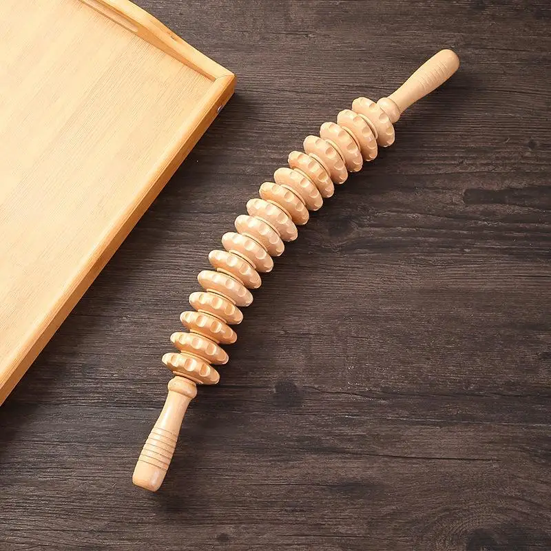 Body Fascia Massager Anti-slip Handle Wood Grooved Gear Arms Legs Thighs Buttocks Smooth Roller Massager For Back Relaxation