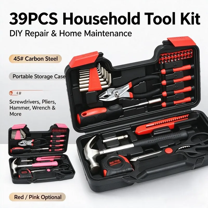 39Pcs Household Hand Tool Set 45# Carbon Steel DIY Repair Tool Kit with Storage Box, Home Maintenance Hardware Toolbox, Red / Pi