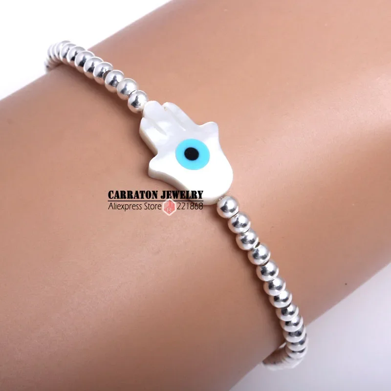 TONGZHE 925 Sterling Silver Lucky Beads Bracelets MOP Shell Hamsa Hand of Fatima Evil Eye Cross Lucky Turkish Charm Bracelet