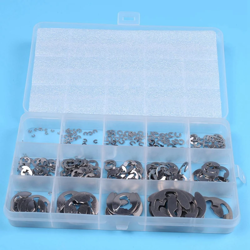 AT43-290Pcs/Set E Clip Circlip Washer Assortment Kit Stainless Steel 1.2-15 Mm External Retaining Ring Clip For Pulleys Shaft