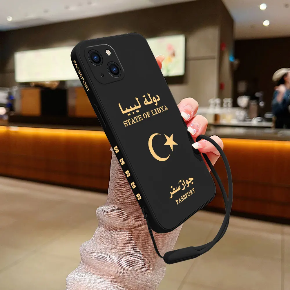 Libya Passport Phone Case For iPhone 15 14 13 12 11 Pro Max Mini X XR XSMAX 8 7 6S Plus Soft Silicone Cover With Hand Strap