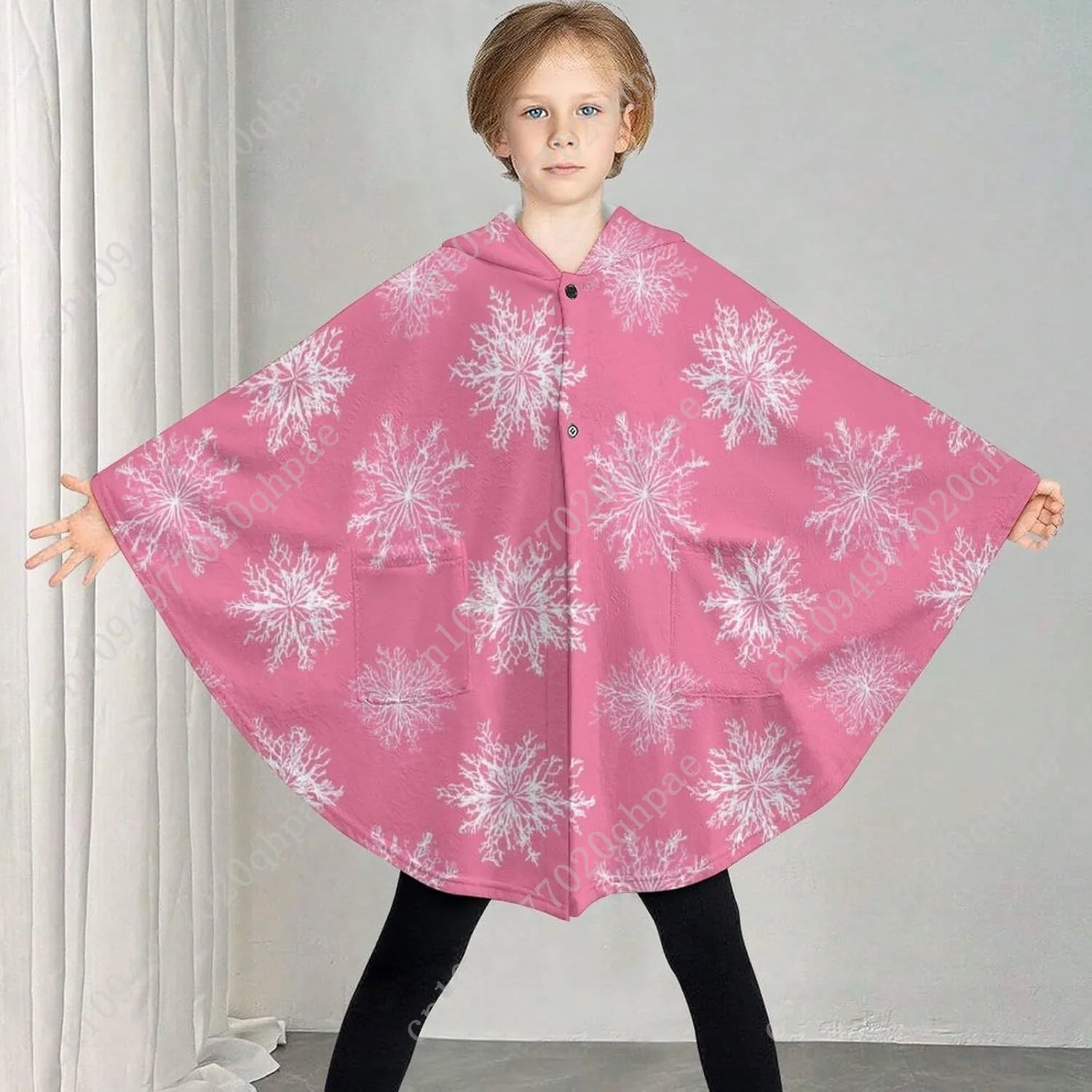 سترة بطانية مريحة من الفلانيل، هوديي كبير الحجم بنمط ندفة الثلج الوردي مع جيوب للأطفال والمراهقين