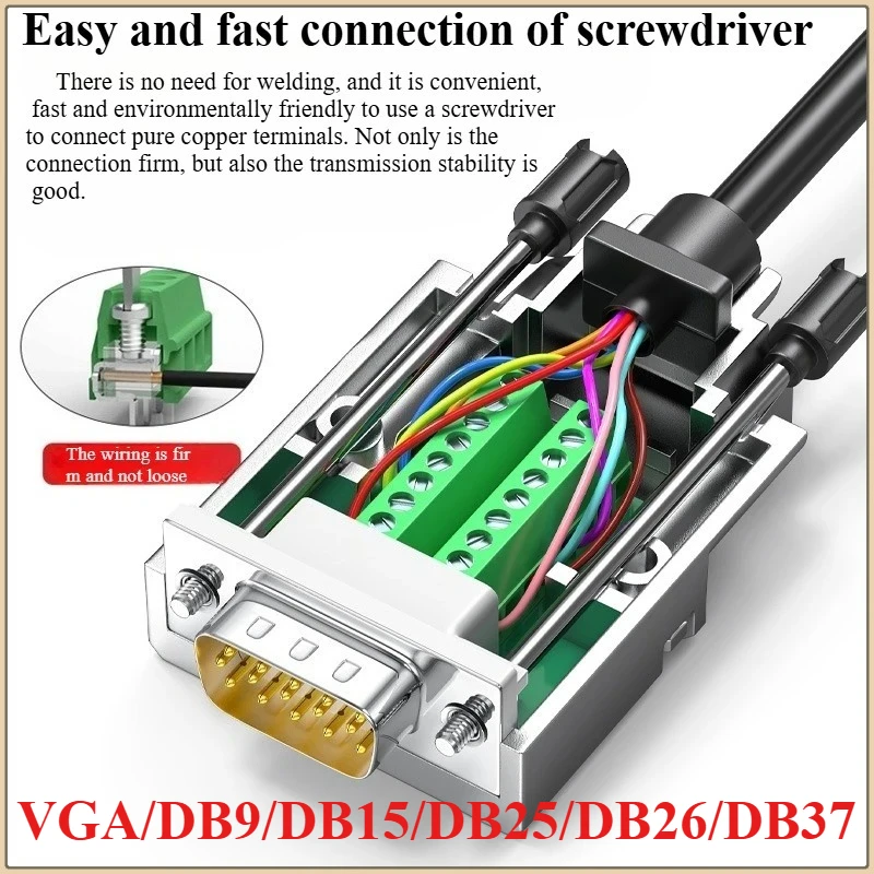 1PCS  RS232  485  DB9 DB15 DB25 DB26 DB37 VGA  Breakout Connector Solderless  Terminal D-SUB Connectors 3+9 VGA Male Female Plug