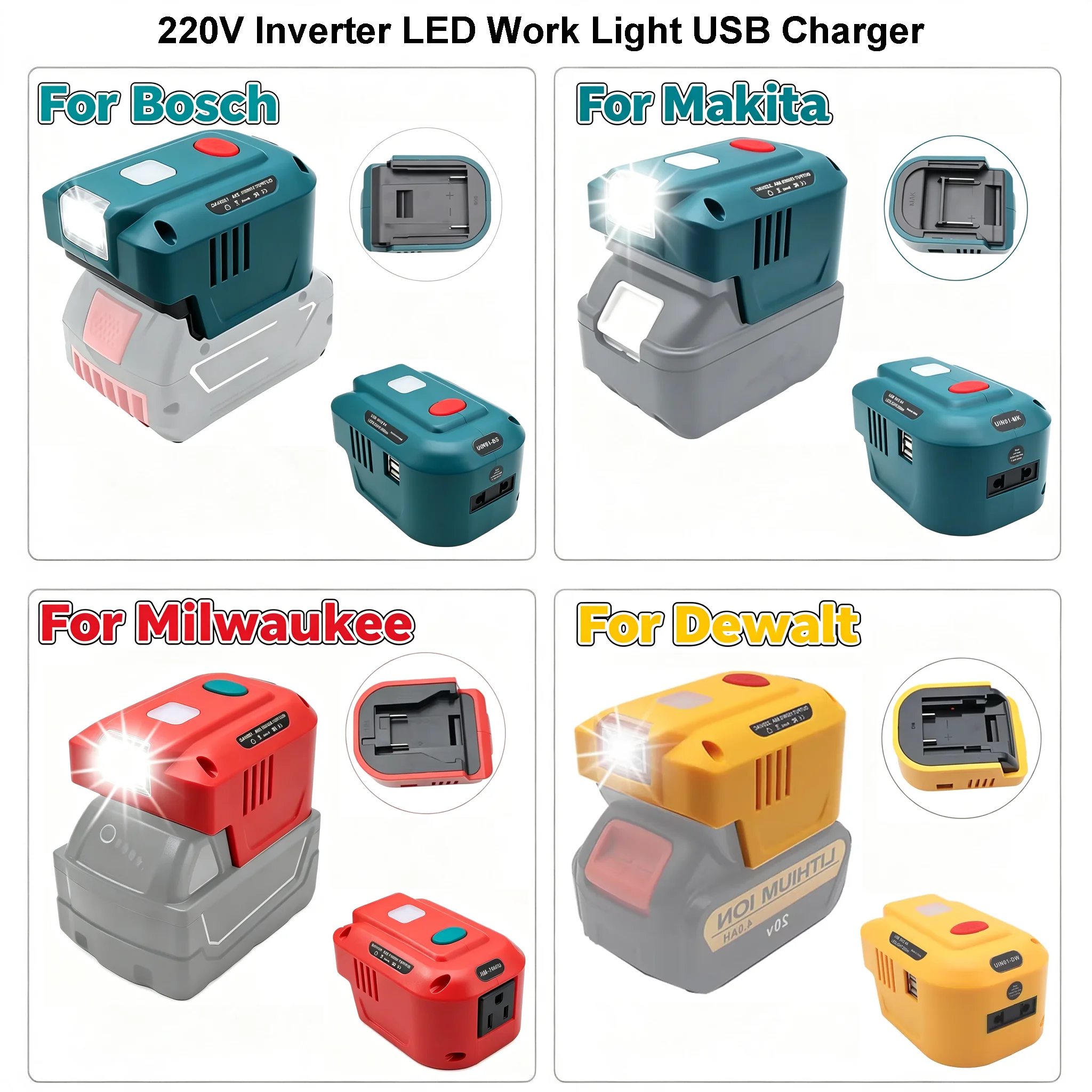 USB Power Bank Charger 220V Inverter LED Working Light For Bosch For DeWalt For Makita For Milwaukee 18V 20V Lithium Ion Battery