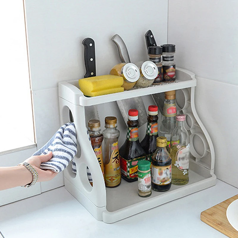 Two-layer Kitchen Spice Storage Rack Creative Household Seasoning Supplies Organizer Plastic Knife Rack Countertop Storage Shelf