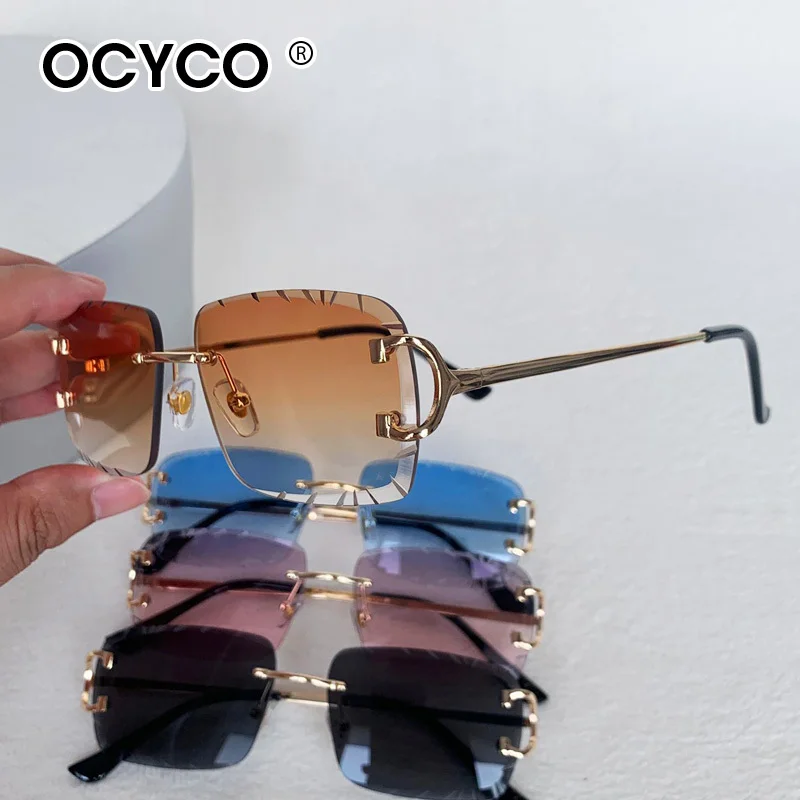 Square Rimless Sunglasses Men Luxury Brand Metal Sun Glasses For Women UV400 Fashion Gradient Eyewear Outdoor Shades