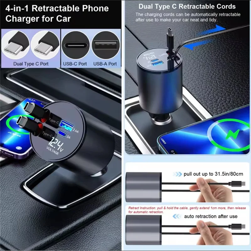 

Efficient Retractable Car Charger, 4-In-1 Fast Car Phone Charger Dual Type-C 120W Cigarette Lighter USB Car Charger Adapter