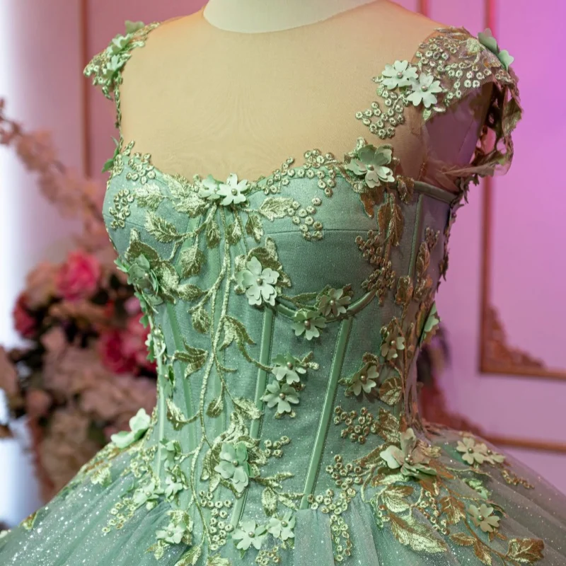 

Simple Green Quinceanera Dress off-shoulder Glitter Crystal 3D Flower Decal Long tail vestidos de 15 Quinceanera ﻿