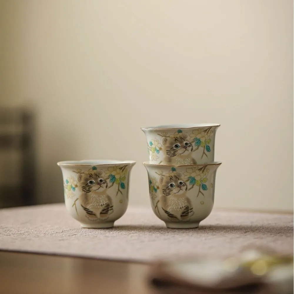 

Милая керамическая печь Ru Gaiwan, изысканная традиционная крышка, чаша, чайные предметы, китайский стиль, гладкий кот, чайная подставка, ресторан