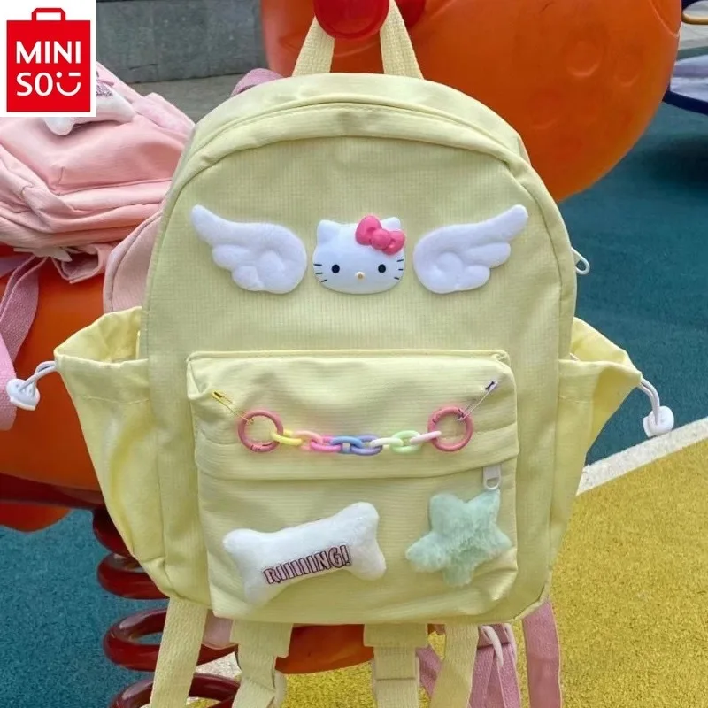 MINISO กระเป๋าเป้นักเรียนการ์ตูน Hello Kitty ความจุขนาดใหญ่ กระเป๋าเป้เด็กอเนกประสงค์สีหวานคอนทราสต์