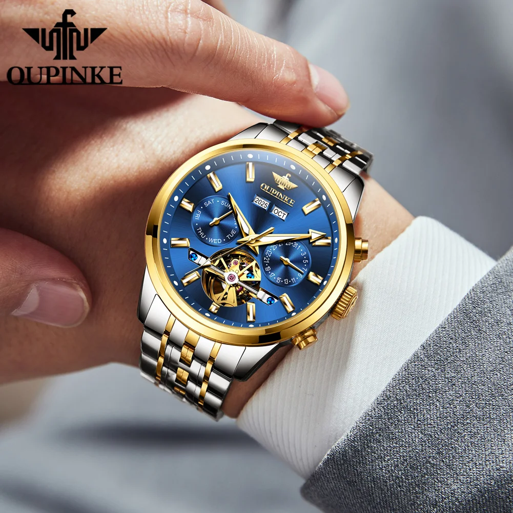 OUPINKE 3296 Men Hollow Automatic Mechanical Watch Top Brand Business Calendar Perpetual Calendar Sapphire Waterproof Men Watch