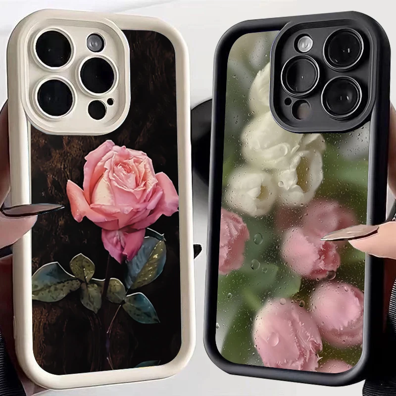 For iPhone 16 15 Pro Max 14 13 12 11 XS XR Aesthetic Rose Floral Pattern Covers For iPhone 7 8 Plus SE 2022 Shockproof Soft Case