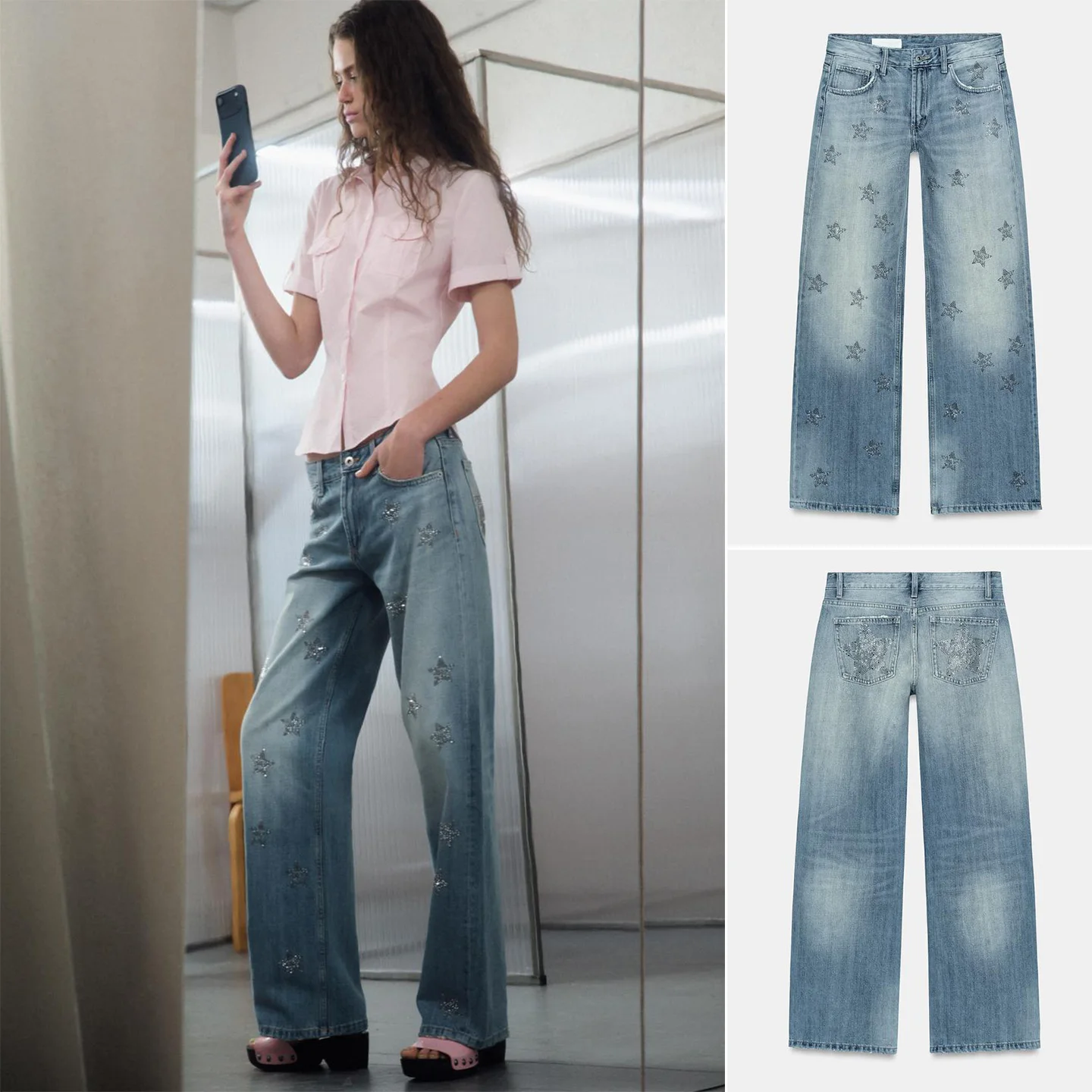 

Новинка весенней коллекции: Женские джинсы с низкой посадкой, на молнии, ультрадлинные, широкие, прямого кроя, с вышивкой звездами и блестящими стразами