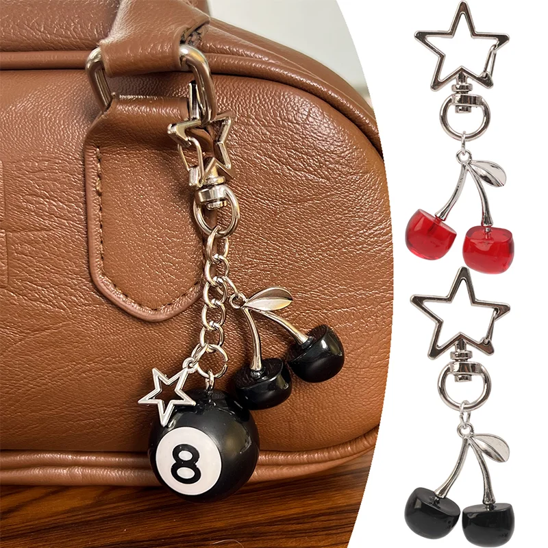 Creative Fruit Cherry Star Keychain Y2K Fashion Black 8 Ball Bag Hanging Decoration Cute Phone Accessories Handmade Keyring Gift