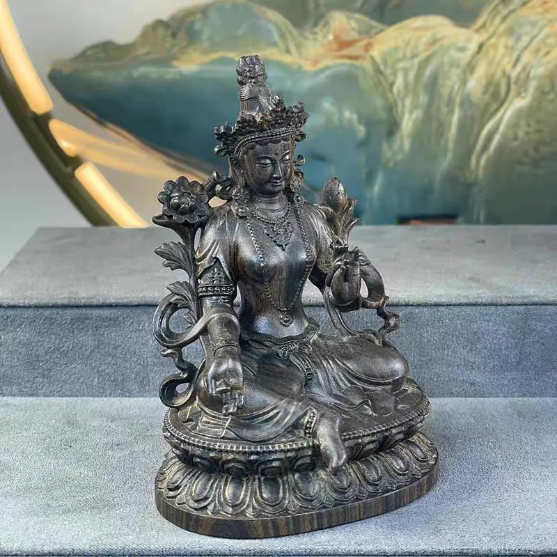 Hand-Carved Premium Agarwood Green Tara Guanyin Statue - 4.3