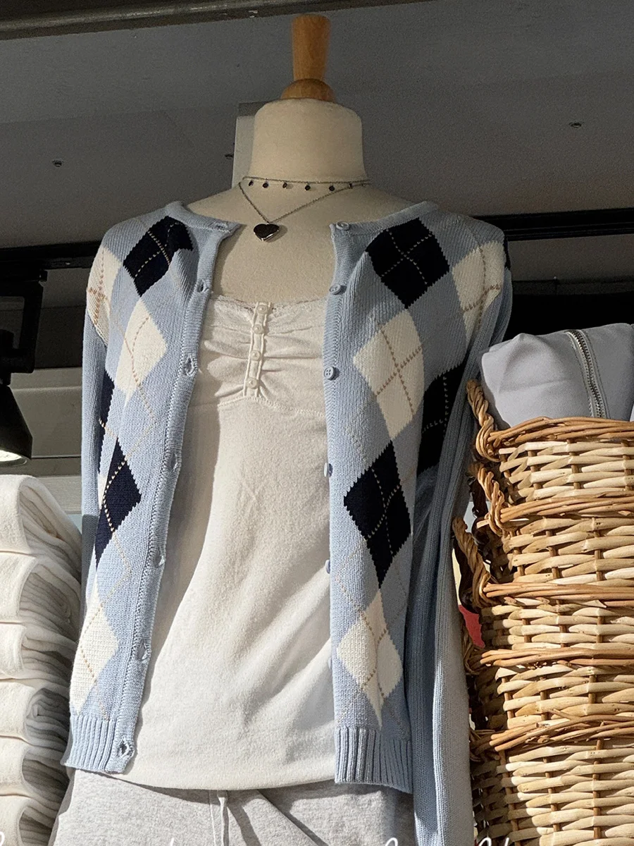 Cardigan de malha fino xadrez irregular feminino outono em torno do pescoço único breasted camisola estilo preppy casual manga longa malhas