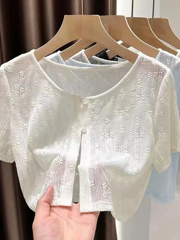 

Летний короткий кружевной кардиган с открытыми плечами для женщин, тонкая верхняя одежда с коротким рукавом, универсальная модель для кондиционированных помещений, с круглым вырезом
