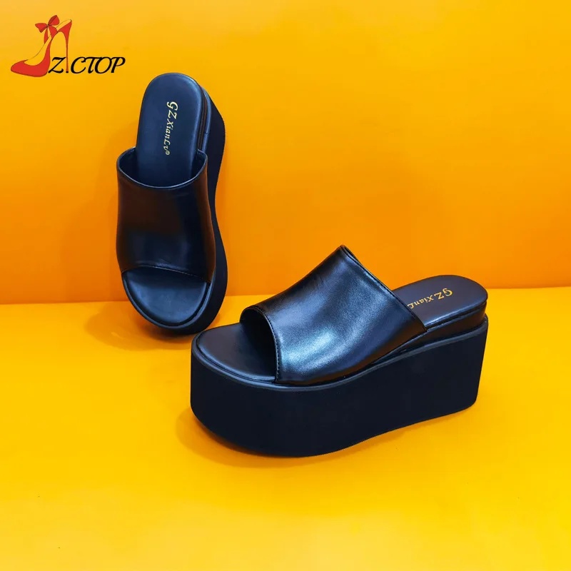 Women Platform Sandals Block High Heels 2024 Summer New Slip On Wedges Outdoor Slippers Black Punk Goth Shoes Big Size 42 43