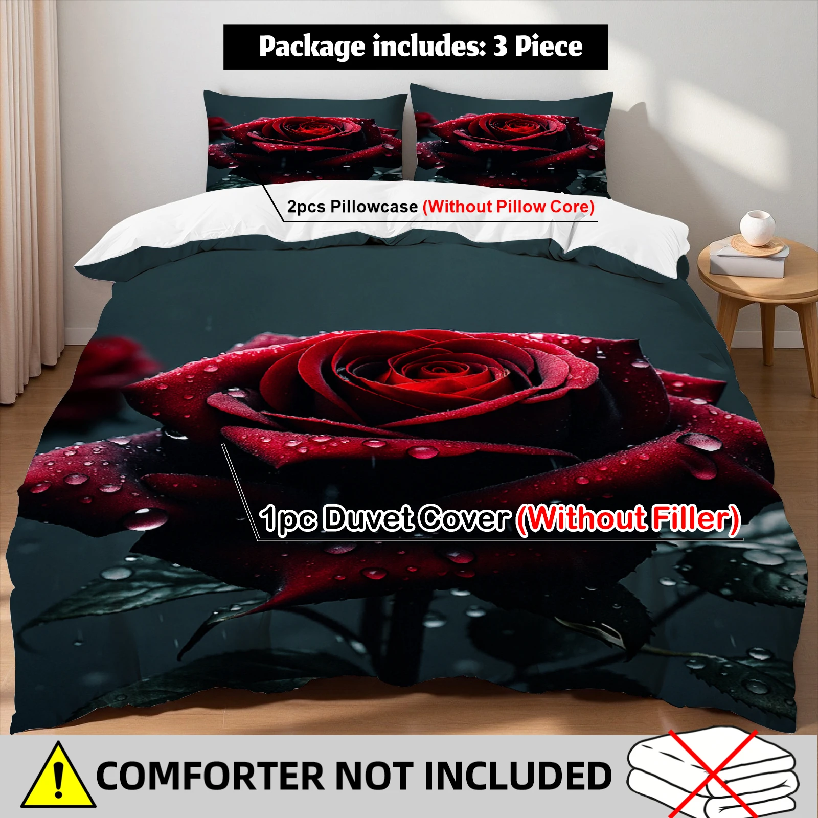 Dewy Red Rose Duvet Cover Set Dark Floral Bedding Set For Nature Lovers Bedroom Decor Twin Queen King Size With 2 Pillowcases