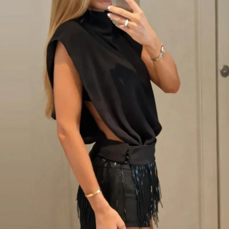 

Casual Commute Loose Party Suits Fashion Stand Collar Sleeveless Top & Shorts Set Elegant Tassel Patchwork Solid 2 Piece Outfit