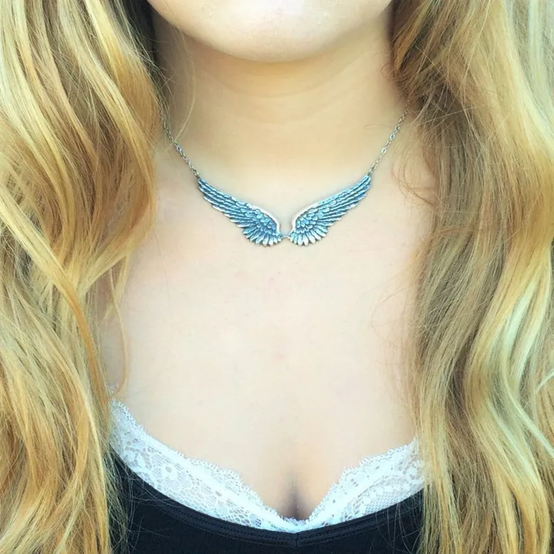 Vintage Silver Color Angel Wings Feather Choker Big Pendant Link Chains Statement Necklace for Women Wedding Tribal Gifts image 2
