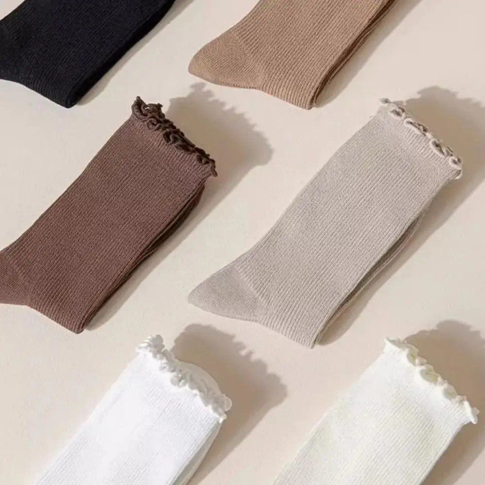 لطيف القطن لينة الأوسط أنبوب أسود أبيض تنفس الفتيات Waveselvedge الجوارب للنساء Harajuku Kawaii الصلبة مكشكش كشكش الجوارب #5