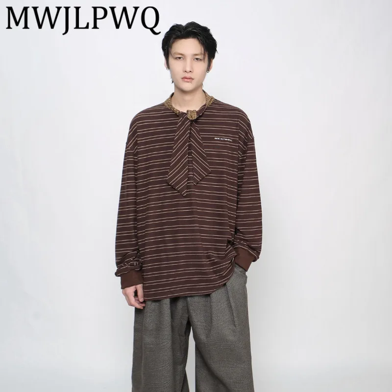 

MWJLPWQ American Retro Striped Design Patchwork Tie Long Sleeve T-Shirt For Men Casual New Loose Lazy Style Couple Tops 21763