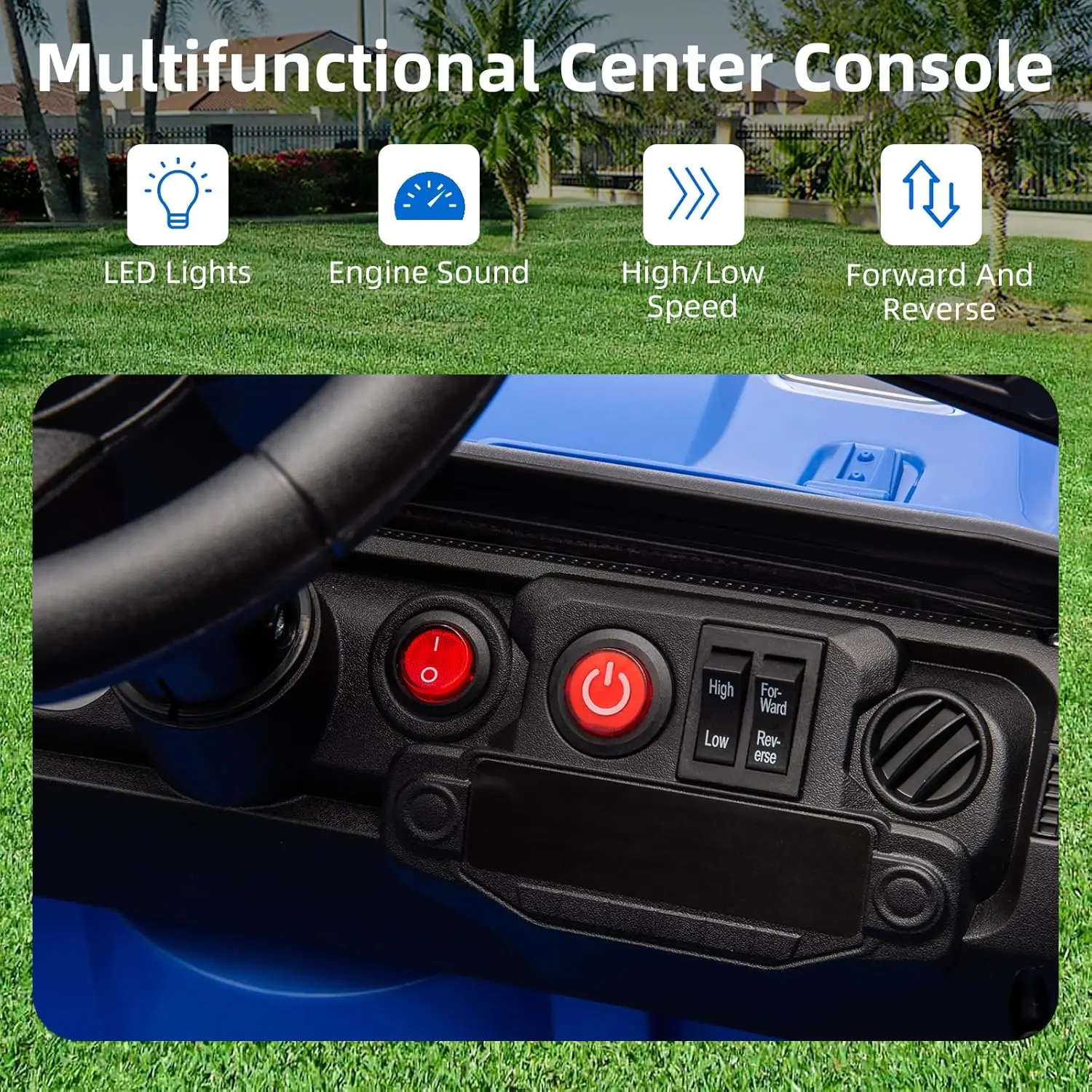 รถยนต์ไฟฟ้าสำหรับเด็กอายุ 3 ปีขึ้นไป, รถบรรทุกขับเคลื่อนด้วยแบตเตอรี่ 12 โวลต์, พวงมาลัยพร้อมเพลง, ระบบกันสะเทือนแบบสปริง 4 ล้อ, ไฟ LED, 2 ระดับความเร็ว