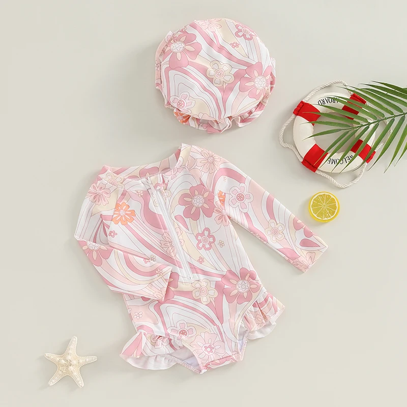 Toddler Infant Baby Girl Swimsuit Long Sleeve Rash Guard  Floral Zipper Bathing Suit Ruffled Beach Wear