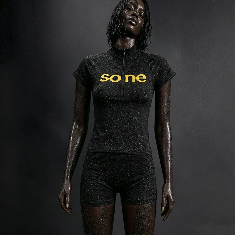 Sexy Street Contrasting Short Sleeve Zipper Top European American Spicy Girl Women's Tight Fitting Sports Shaping Shorts Set