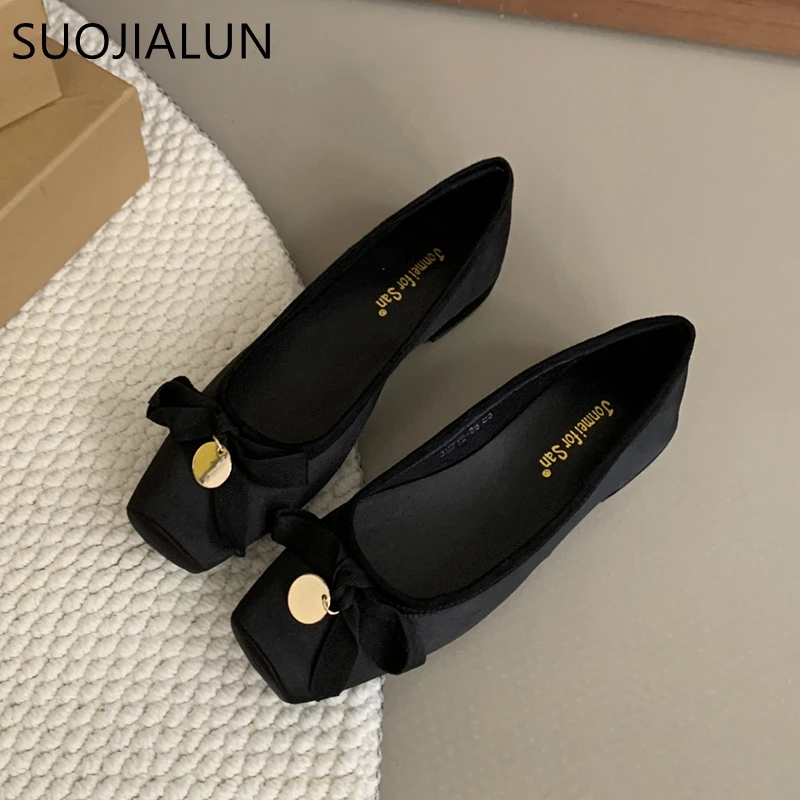 SUOJIALUN 2024 Autumn Women Flat Shoes Ladies Elegant Square Toe Shallow Slip On Ballerinas Shoes Soft Flat Heel Dress Boat Shoe