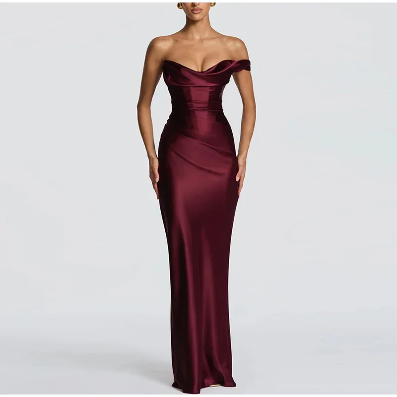 New One Shoulder Satin Women 's Maxi Dress Cowl Neck Ruched Waist Bodycon Dresses Summer Woman Formal Evening Party Vestidos view 5