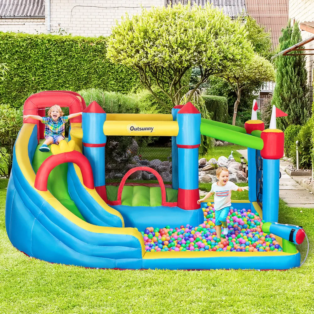 

6-in-1 Outsunny Inflatable Bounce House with Slide Climbing Wall Water Cannon Kids Inflatable Water Slide Inflator for Outdoor