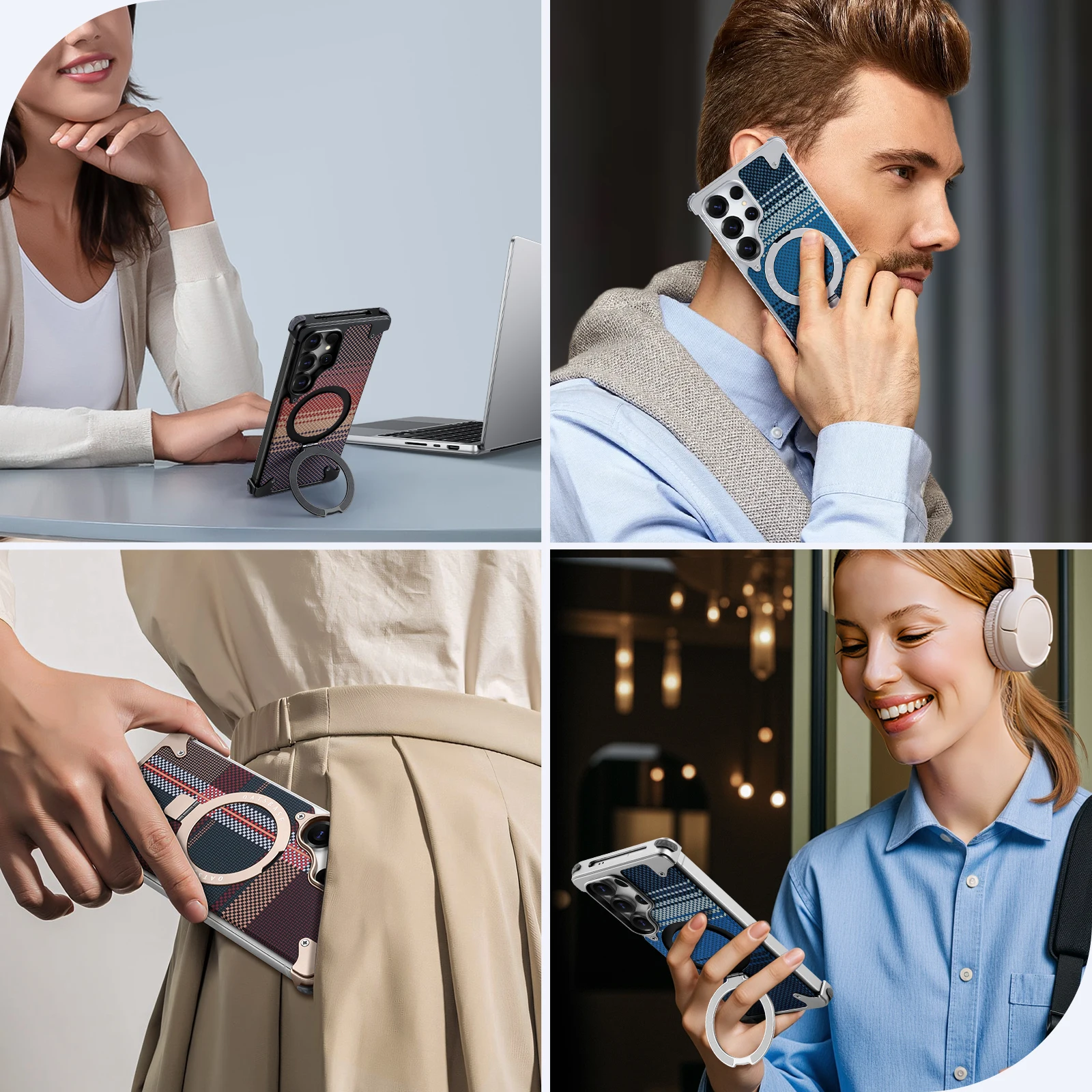 Etui na telefon Eary do Samsung Galaxy S25 S26 Ultra z podstawką, teksturą włókna węglowego, metalową ramką i ochroną przed wstrząsami. — zdjęcie produktu 6