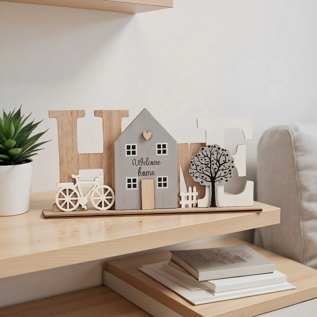 Wooden HOME Ornament with Cute House Bicycle & Tree Elements Creative Wooden Craft Decor For Living Room Bedroom Entryway