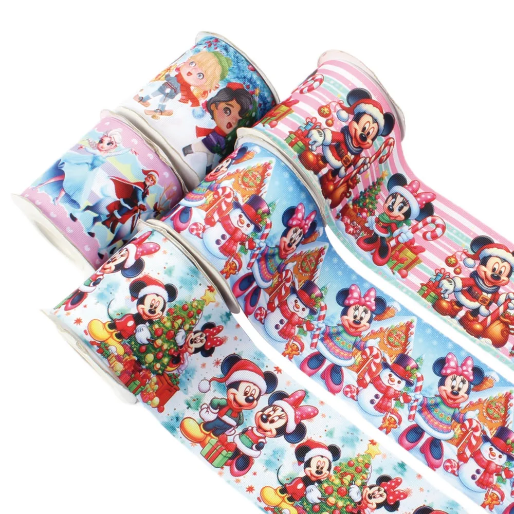 Disney Christmas Mickey Minnie Mouse Printed Frozen Cartoon Grosgrain Ribbon 5Yards for Bows DIY Craft Materials Accessories