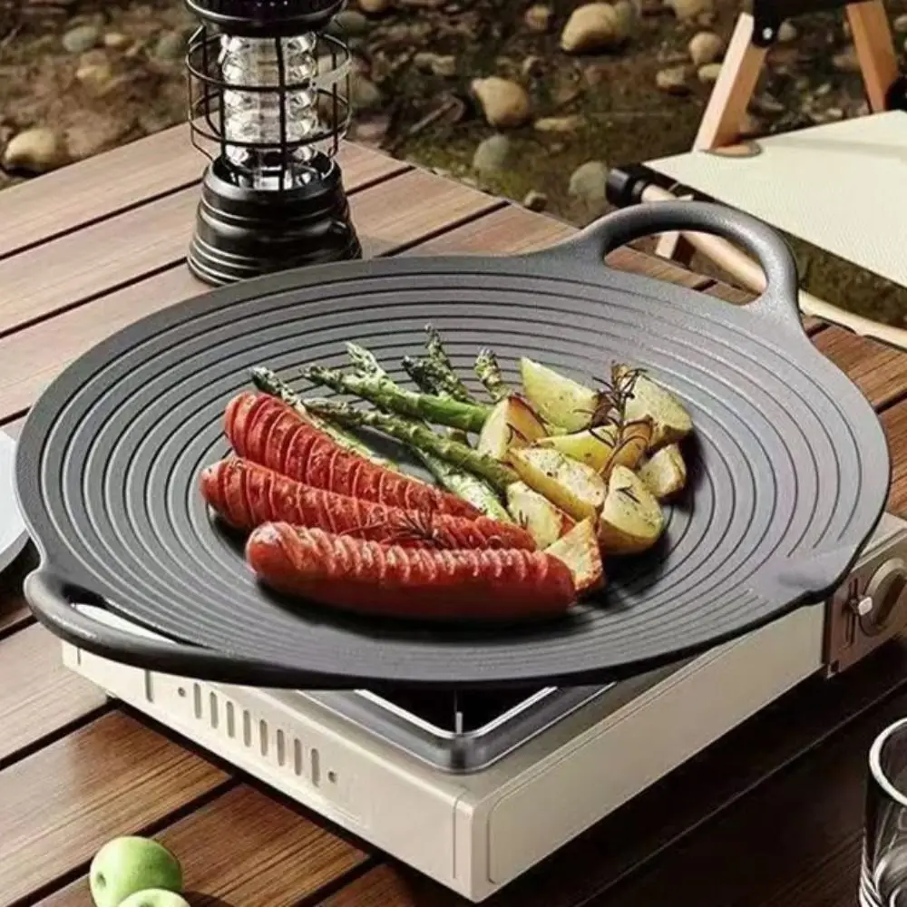 

Household Korean Style BBQ Grill Pan Cast Iron Non Stick Barbecue Frying Pan with Handle No Coating Baking Tray Outdoor
