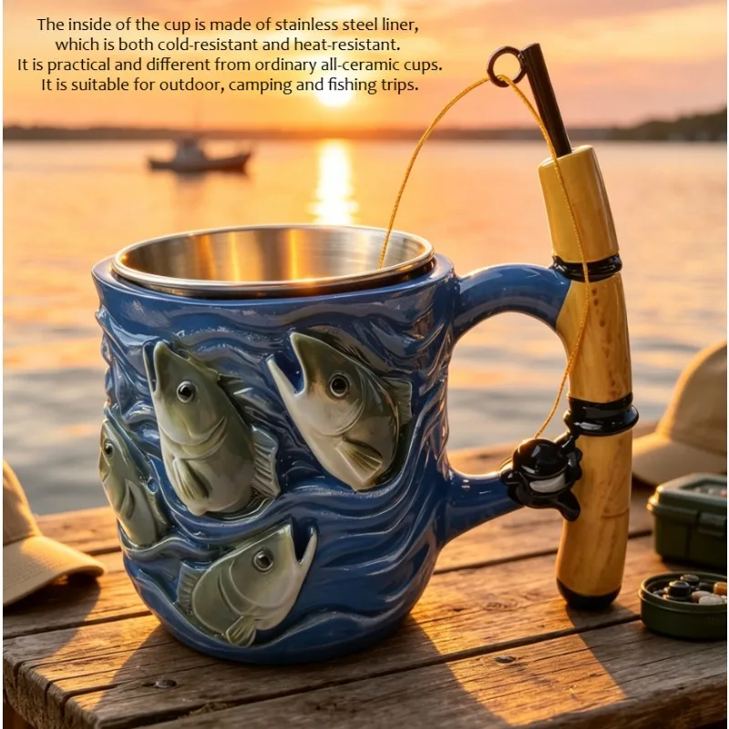 Multi-functional coffee drinking cup with resin liner in mug fisherman's dream interesting fishing resin mug