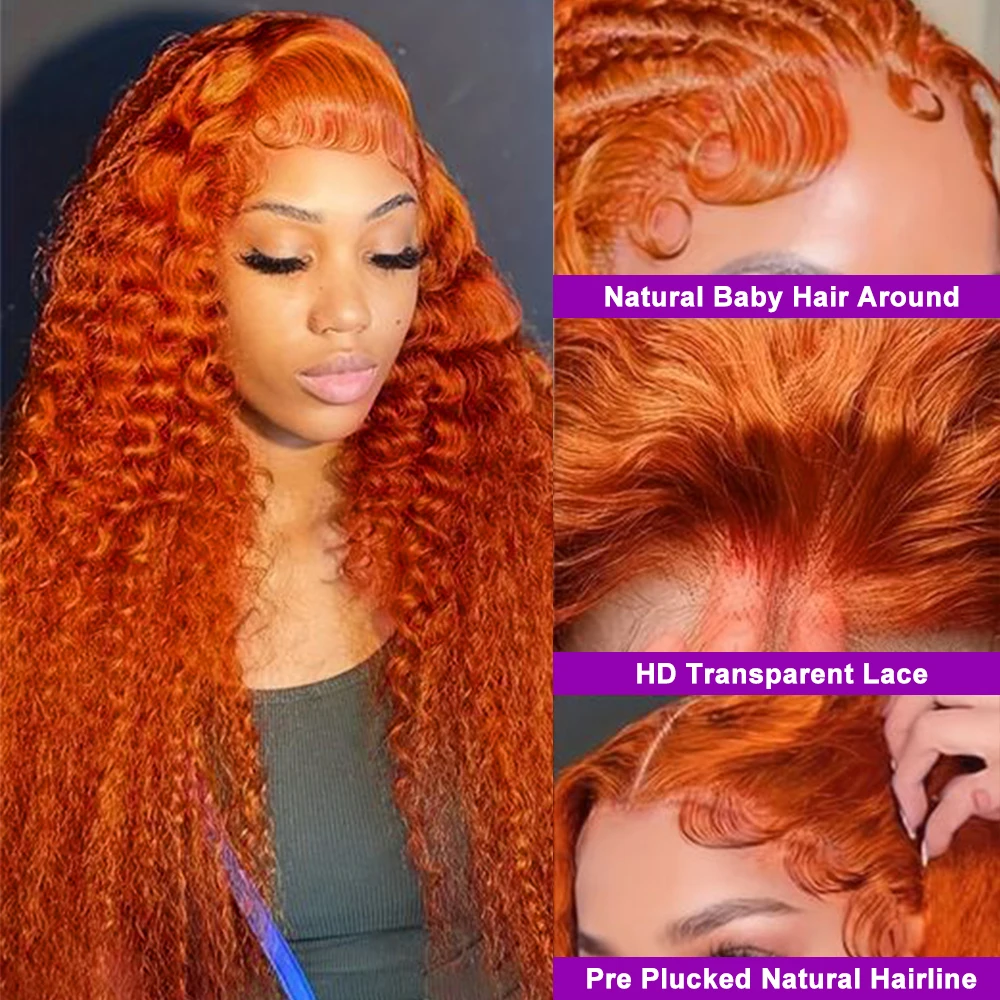 Swupod 13x4 13x6 220% Density Transparent HD Lace Front Wig for Women Deep Wave Remy Human Hair Ginger Orange 350# Loose Curly