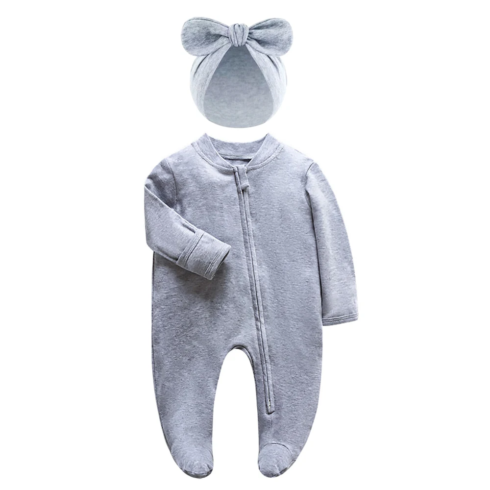 Unisex Newborn Baby Footed Pajamas Long Sleeve Zipper Romper Cotton Jumpsuit Solid White 0-12 Months Fashion Baby Clothes