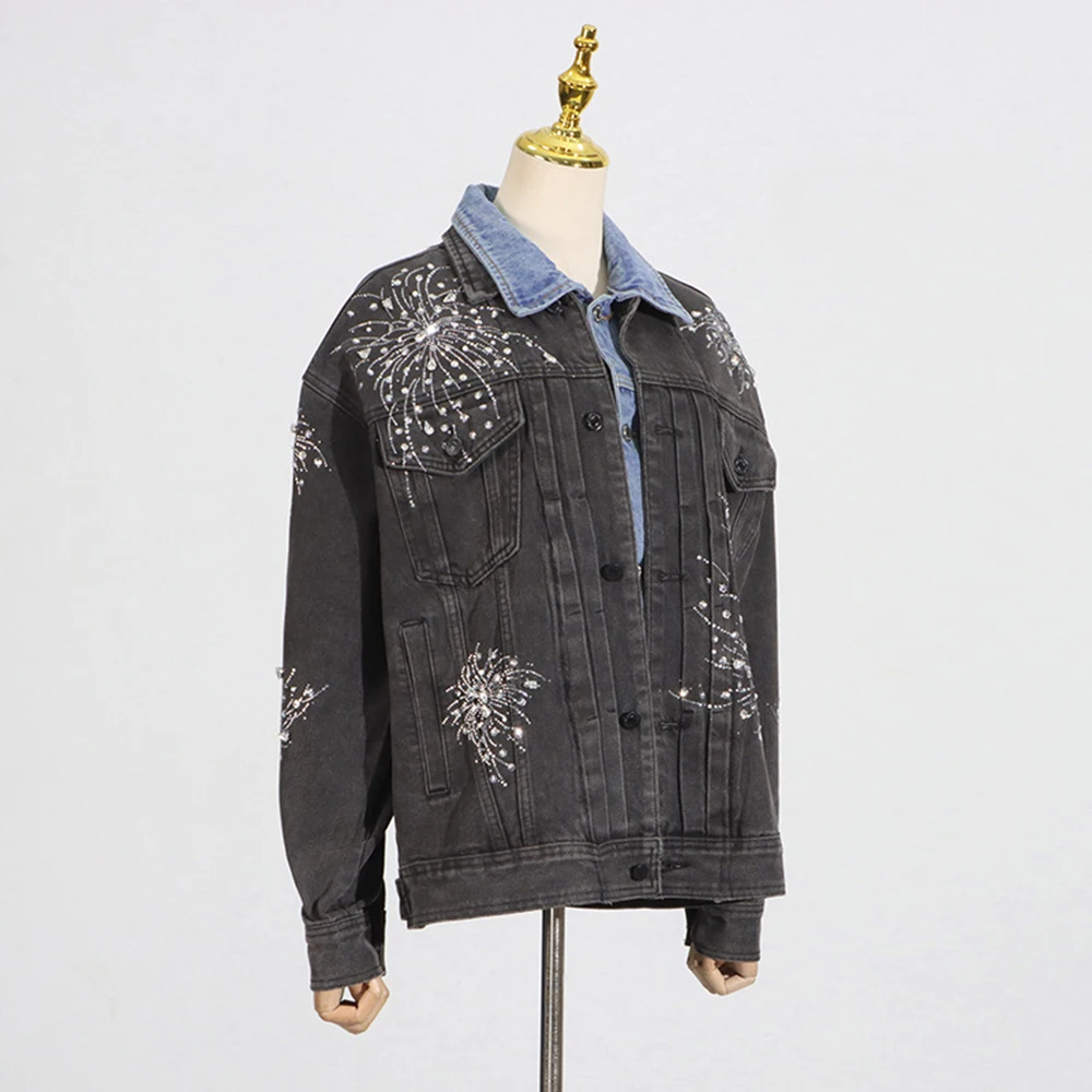 TWOTWINSTYLE Hit Color Cowboy Spliced Printing Jackets for Women Lapel Long Sleeves Patchwork Single Breasted Jacket Female New