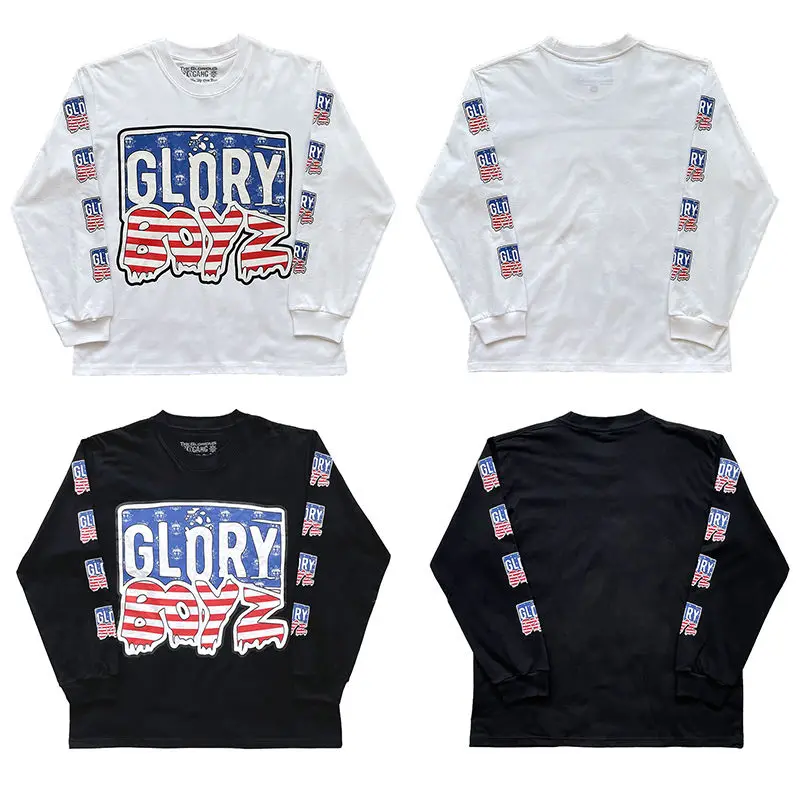 Hip Hop Oversized Long Sleeve T-Shirt Glo Gang US Flag Sleeve Allover Print Basic Cotton Tee