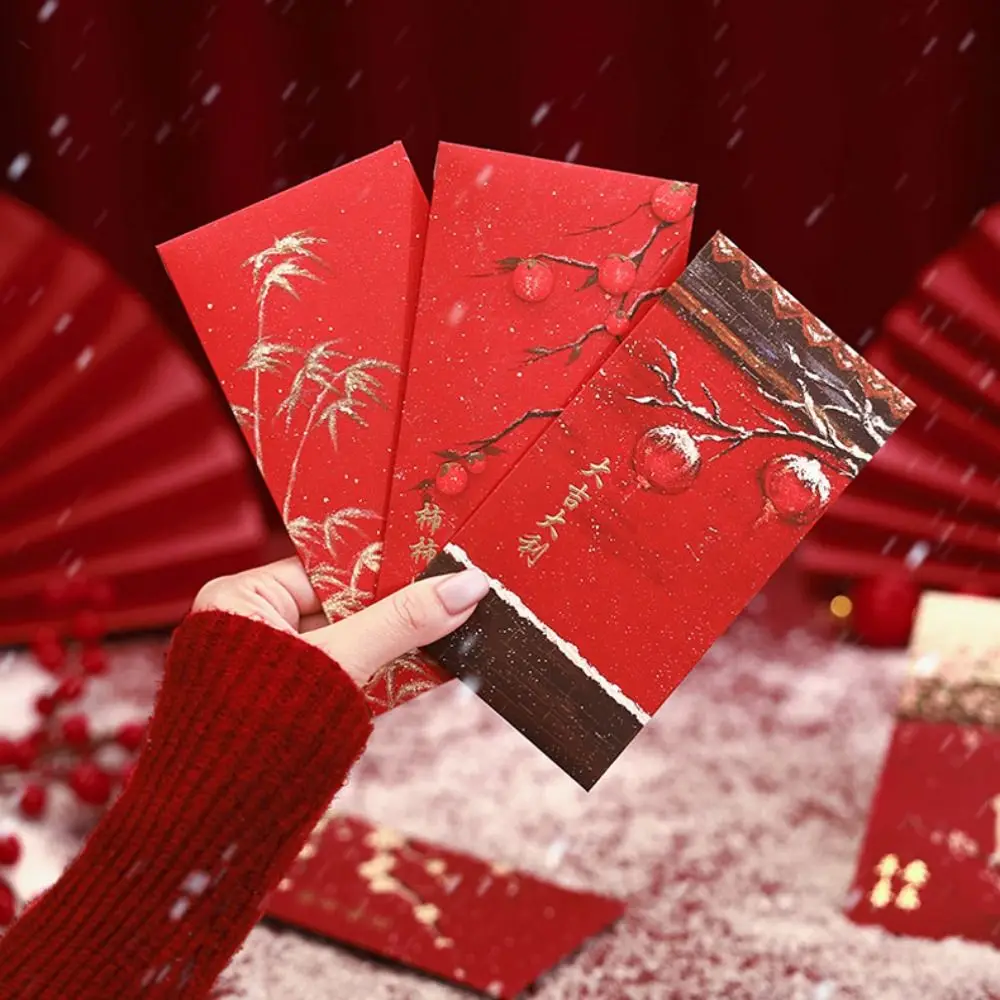 6pcs Solid Forbidden City Red Envelope Blessings Printing Mixed Pattern Lucky Money Bag Rectangular Vintage HongBao Wedding