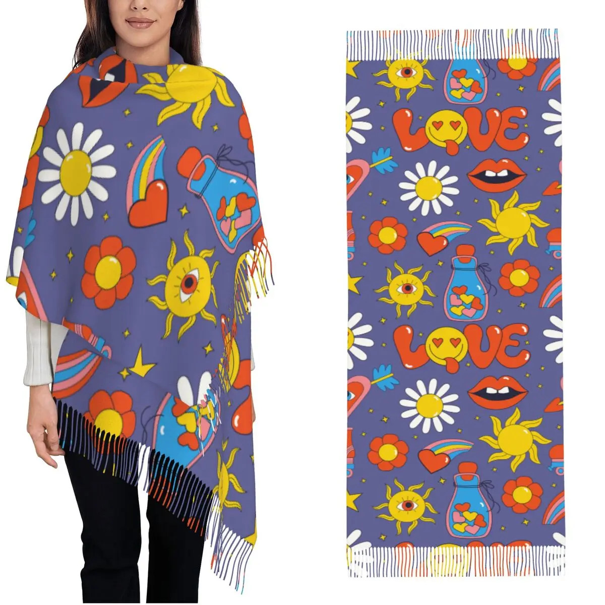 Hippie Funky Daisy Flowers Shawl Wrap Women Winter Warm Long Soft Scarf Psychedelic Art Pashmina Tassel Scarves