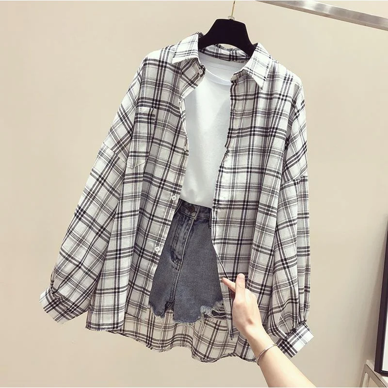 

Women's Plaid irt Sun Protection Outerwear Brand Button Cotton Long Sve Thin Summer Faion Commute Sle 8-24 Years Old