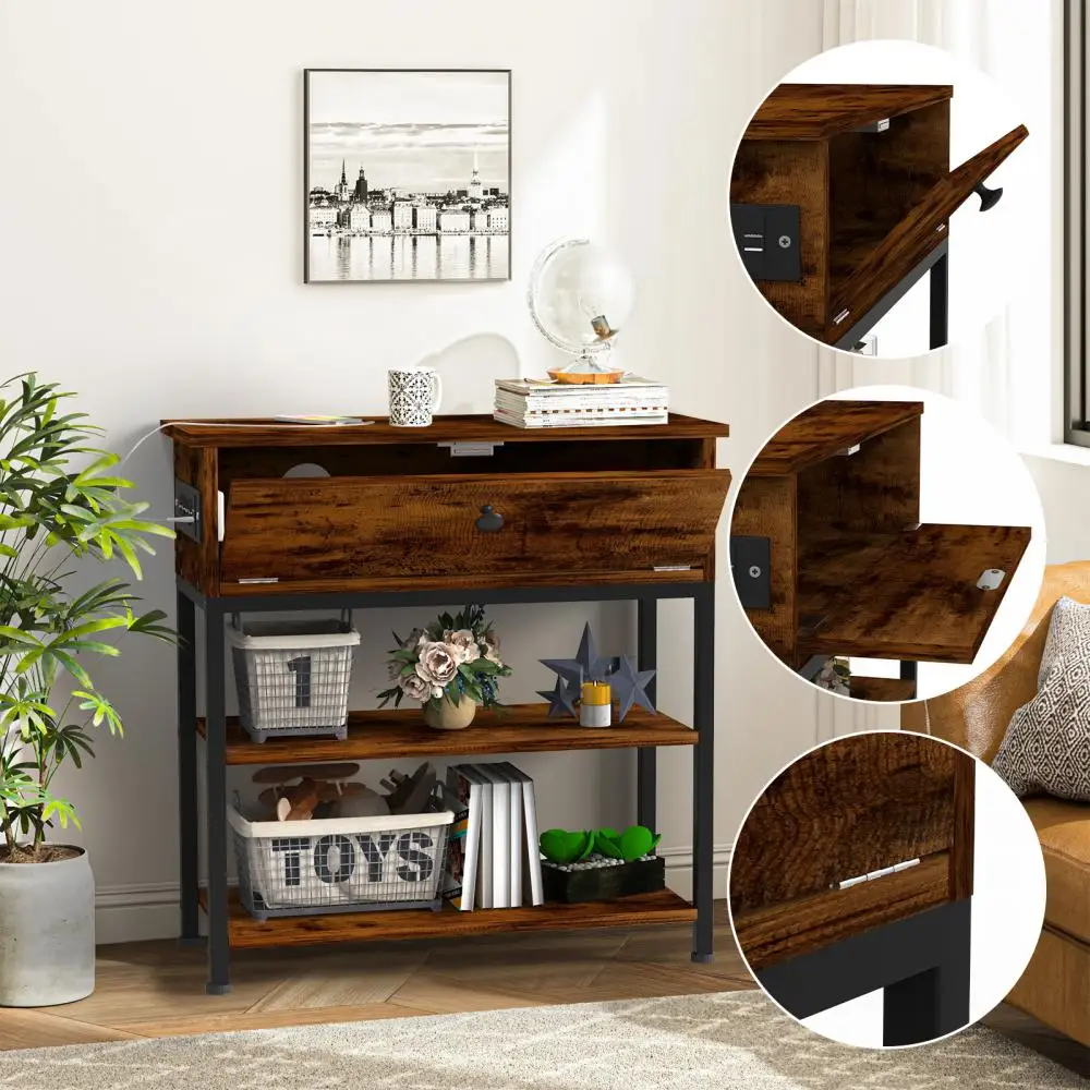 Multifunction Coffee Table With Charging Socket Function Retro Industrial Style Bedside Table For Living Room Bedroom Office HWC