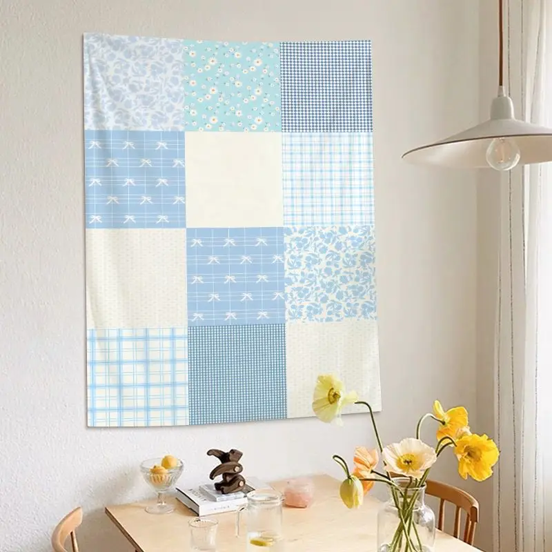 VIKAMA Pastel Plaid Floral Wall Tapestry Patchwork Print Wall Hanging Cottagecore Dorm Bedroom Home Wall Decor