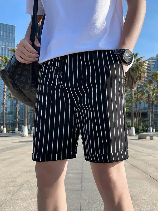 

Premium Stripe Men's Shorts Summer Cool Handsome Slim Fit Five-Quarter Beach Pants Ice Silk Quick Dry Casual Straight Leg Tro...